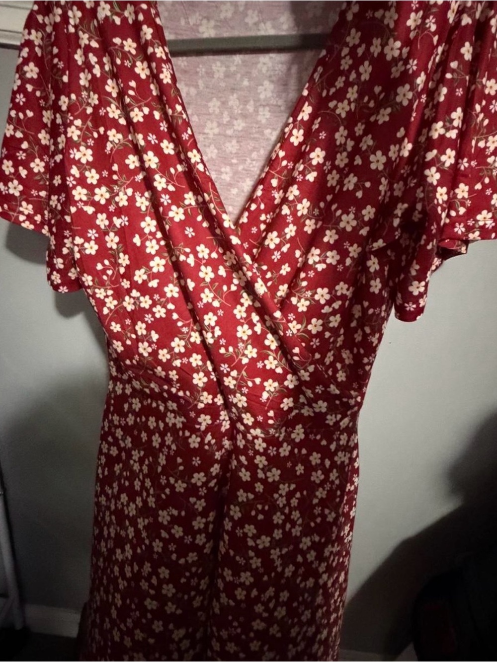 Red Midi Floral V-Neck Wrap Dress